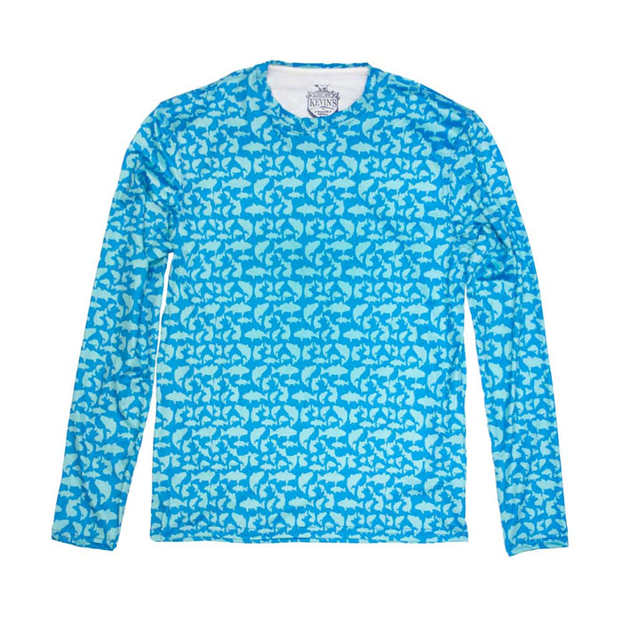 Blue long-sleeve performance fishing shirt with a repeating redfish pattern, made from lightweight, moisture-wicking fabric.