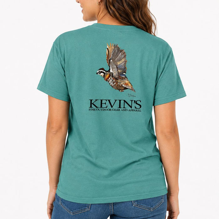 Teal Comfort Colors cotton t-shirt featuring Dirk Walker flying quail artwork and Kevin's logo on the back.