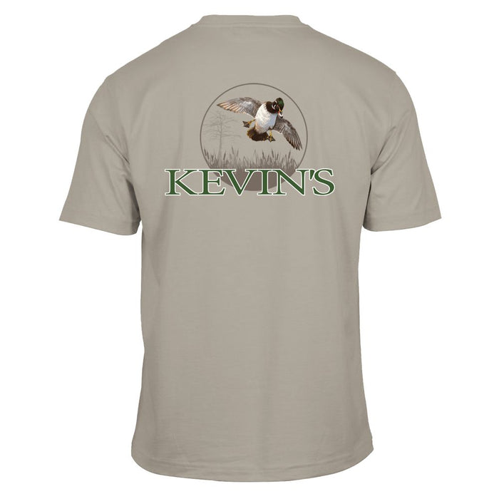 Tan short-sleeve cotton t-shirt featuring a flying duck graphic and Kevin's logo on the back.