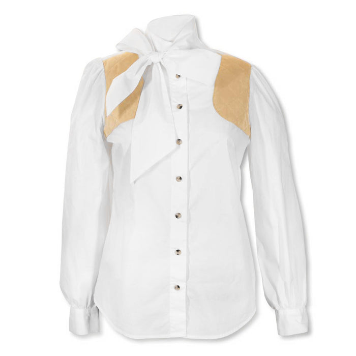 White long-sleeve blouse with puff sleeves, a tie-neck detail, and tan quilted shoulder patches on a button-down front.