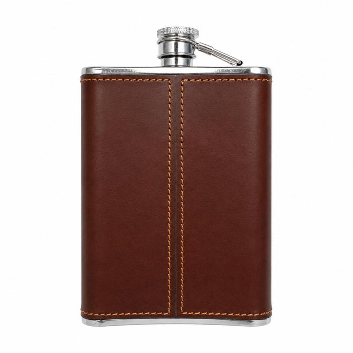 8 oz stainless steel flask wrapped in brown cowhide leather with contrast stitching and a screw-top cap.