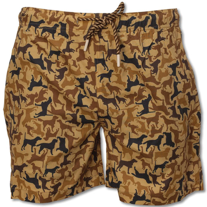 Men's 5-inch inseam swim trunks in a tan and black dog camo print with an adjustable drawstring waistband.