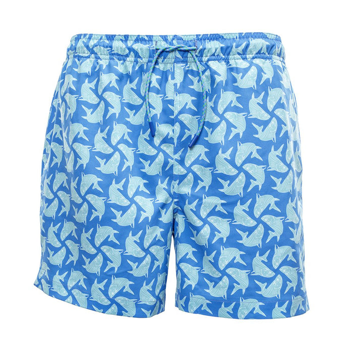 Blue performance swim trunks with a light blue tarpon fish pattern, elastic drawstring waist, and 5-inch inseam.