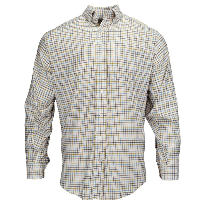 Kevin's performance long-sleeve dress shirt in a cream, blue, and brown tattersall check pattern with a button-down collar.