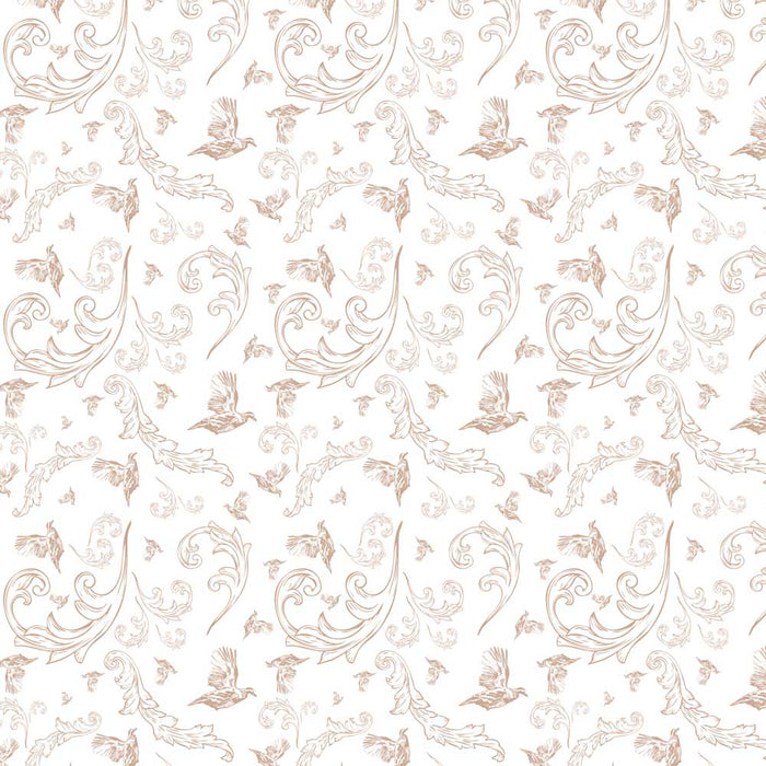 Cotton napkin fabric featuring a tan Bobwhite Quail and elegant scrollwork toile pattern on a white background.