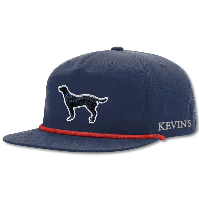 Navy blue snapback cap with a black lab embroidery, flat visor, and contrasting red rope detail.