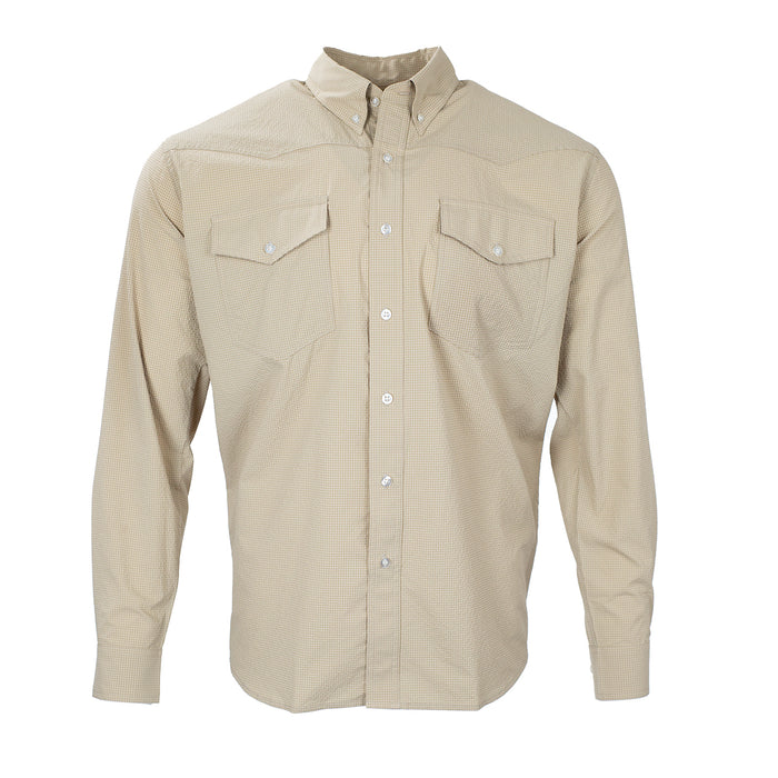Tan long-sleeve performance western shirt in lightweight fabric with a button-down collar and two chest pockets.