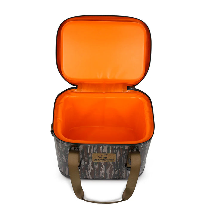 Open camo-patterned Kevin's Yukon 30-can cooler with a bright orange interior, carry handles, and leather brand patch.