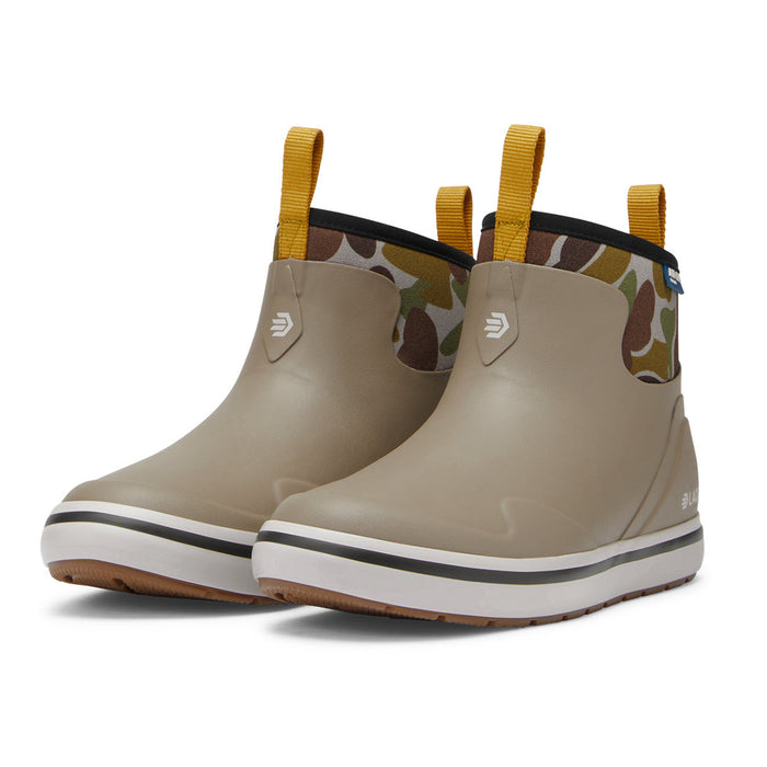 Lacrosse women's 6-inch Alpha Deck boots in tan rubber with camo neoprene, yellow pull tabs, and slip-resistant white soles.