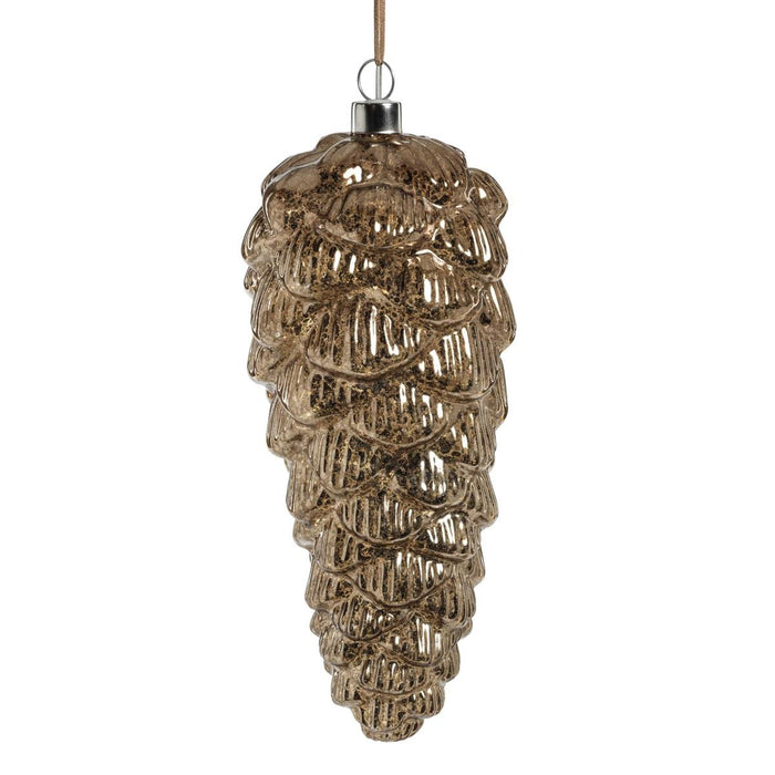 Antique dark gold glass pinecone Christmas ornament with a textured, metallic finish and hanging loop.