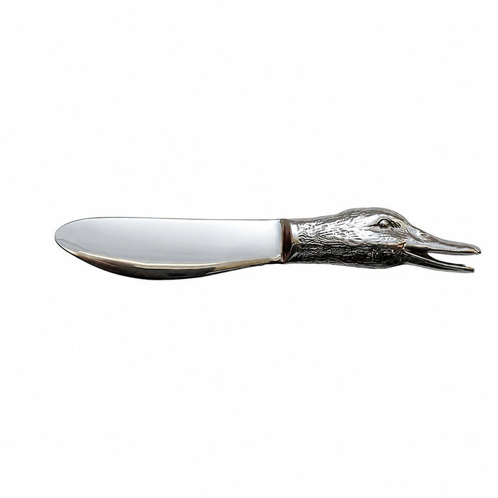 Stainless steel cheese spreader featuring a detailed silver duck head handle for a rustic, elegant serving style.