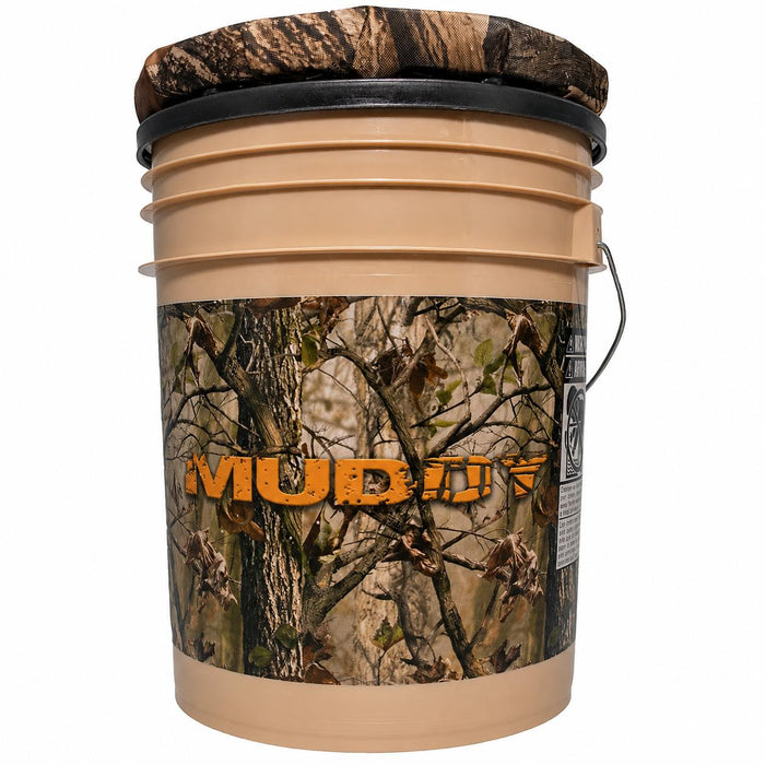 Tan 5-gallon hunting bucket with a camouflage wrap, Muddy logo, and a cushioned spin-top seat.