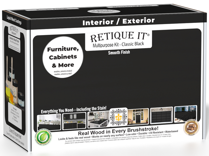 Retique It Multi-purpose Smooth Finish Kit in Classic Black, exterior top coat with matte finish for wood surfaces.