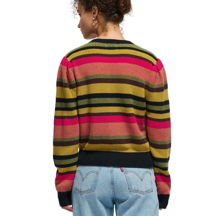 Nation Carmela crewneck cardigan featuring multi-colored horizontal stripes, balloon sleeves, and ribbed black trim.