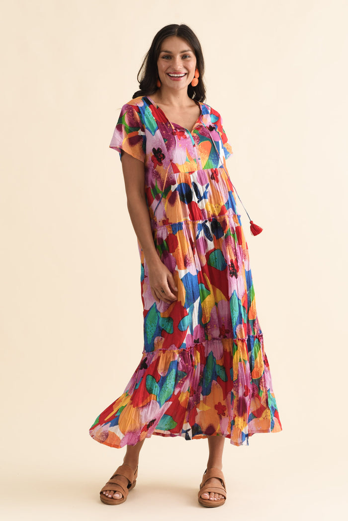 Nona Pink Bloom Crinkle Cotton Maxi Dress,Brunette model,alt text|model:Brontie