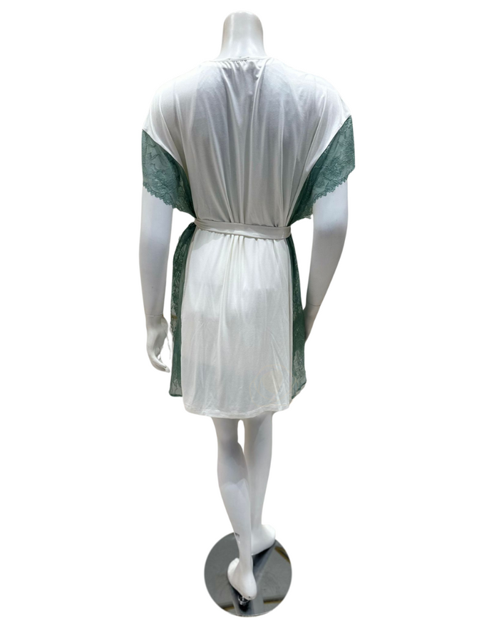 Oh! Zuza 4210+4212 Ivory and Sea Green Laced Edge Modal Chemise & Wrap Set myselflingerie.com