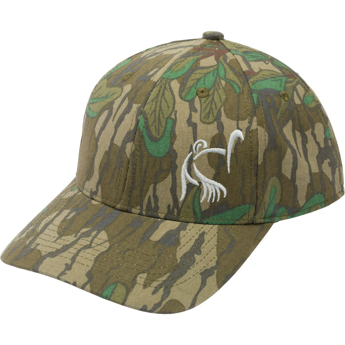 Ol' Tom 6-panel camo ball cap with a white side logo, mid-profile fit, and adjustable snapback closure.
