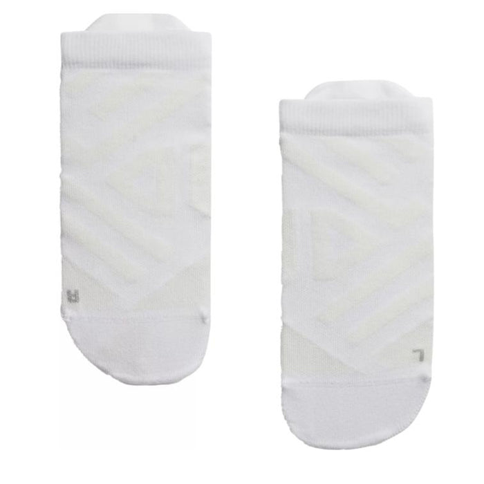 Pair of white On Running performance low socks with technical mesh paneling and targeted arch support design.