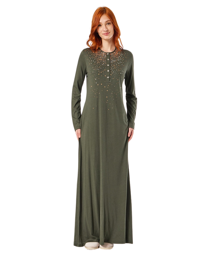 Pen-ky Olive Green Speckled Button Down Cotton Nightgown
