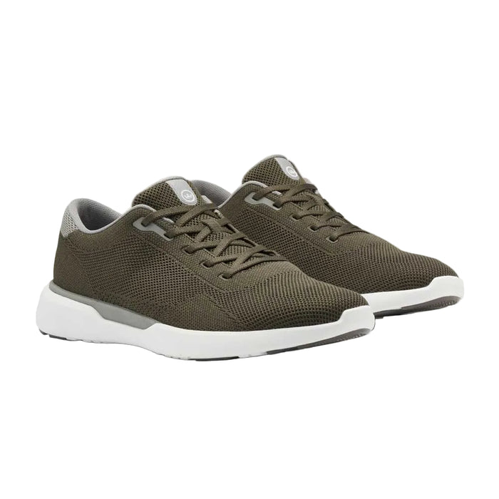 Peter Millar Glide V3 sneakers in olive green performance mesh with a white foam outsole and grey interior lining.