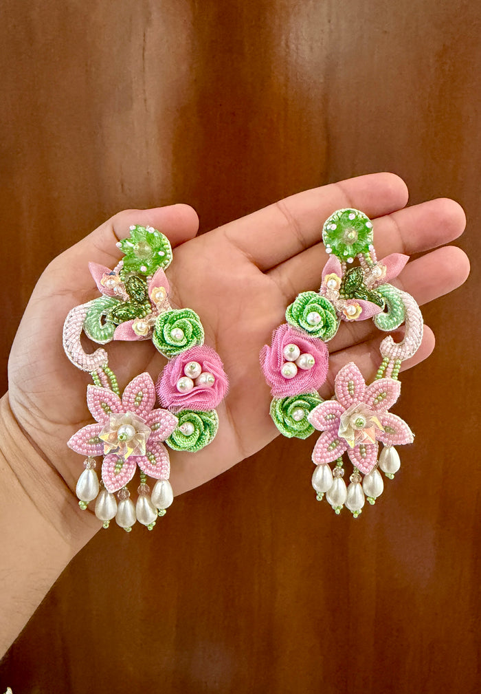 Pink & Green Floral Beaded Earrings with Pearl-Look Drops
