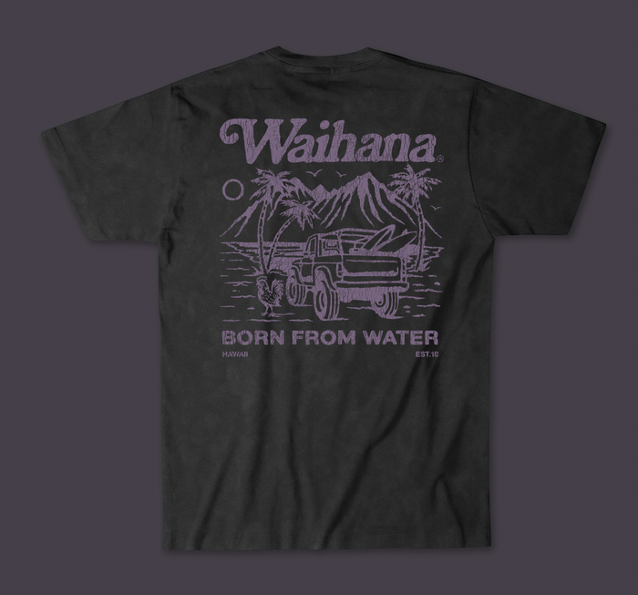 Back of a Waihana Purple Sands Premium Acid Washed Pima T-Shirt in Coastal Ash, featuring a purple vintage-style illustration of a truck loaded with surfboards among palm trees and mountains with the slogan 'Born From Water'.