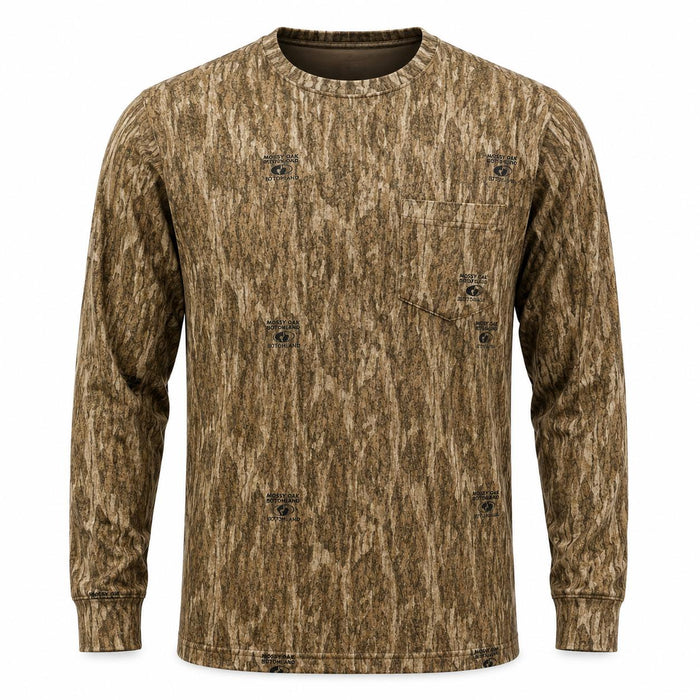 Long sleeve camo T-shirt in Mossy Oak Bottomland print with a chest pocket and breathable polyester fabric.