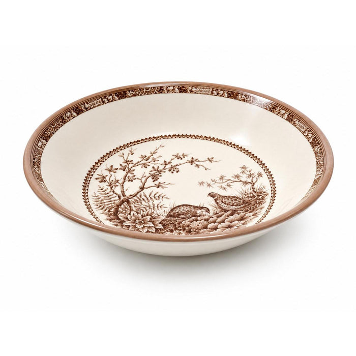 Brown and cream Quail China cereal bowl featuring a detailed nature scene with birds and trees in a classic English style.