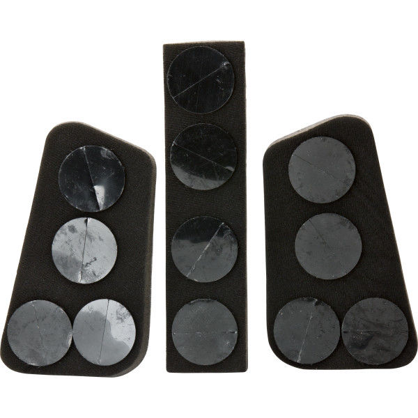 Three black foam wedge pads in assorted sizes, each with multiple adhesive discs, make the Rawlings Velo Batting Helmet Fit Kit (VELOFK) ideal for reducing baseball helmet size or customizing the fit of your Rawlings Velo helmet.