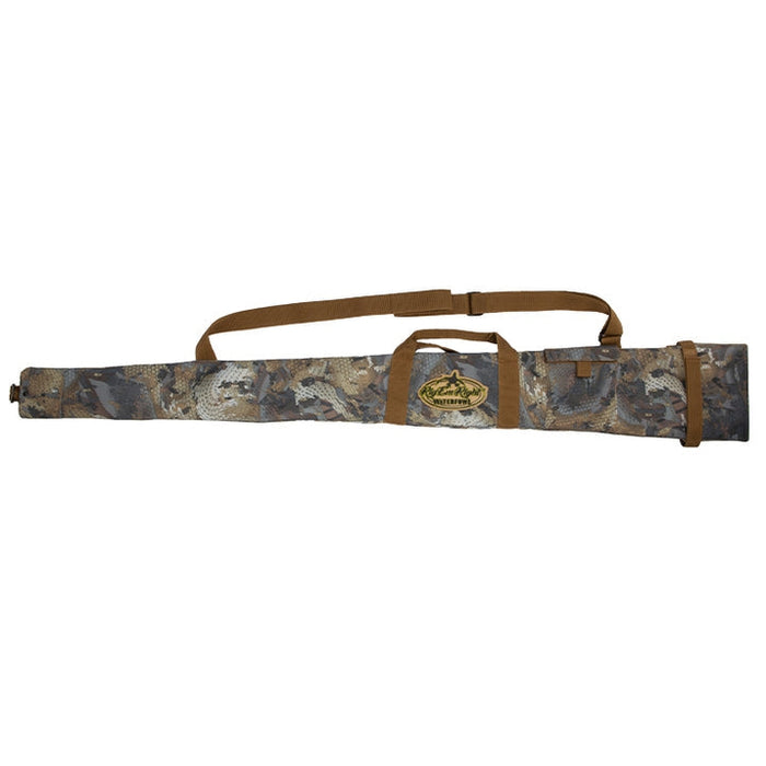 Rig 'Em Right Express camouflage gun sleeve with brown trim, adjustable shoulder strap, and reinforced barrel tip.