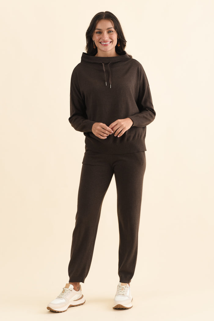 Rowan Chocolate Cotton Cashmere Knit Pants,Brunette model,alt text|model:Brontie