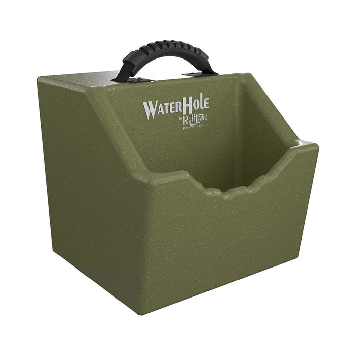 Olive green, roto-molded Ruff Land Water Hole dog bowl with a black carry handle and durable, freeze-resistant design.