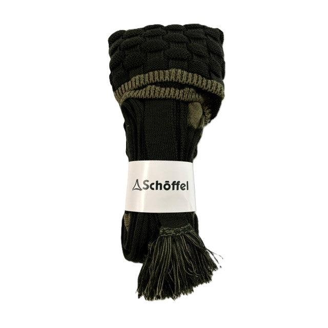 Olive green Schöffel merino wool hunting socks with a textured cuff, ribbed leg, and matching decorative garter tassel.