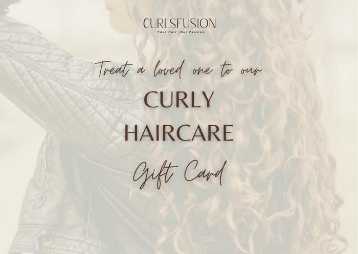 A gift card from Curlsfusion with the text 'Treat a loved one to a CURLSFUSION Curb Cut Haircare experience' and the image of a woman with curly hair in the background.