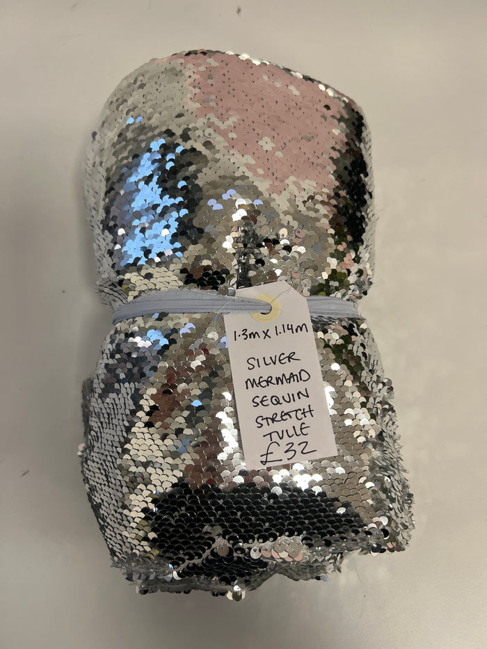 Silver Mermaid Sequin Stretch Tulle Remnant