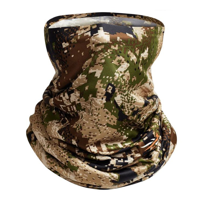 Sitka Core neck gaiter in camouflage print, featuring lightweight, moisture-wicking fabric for sun protection.