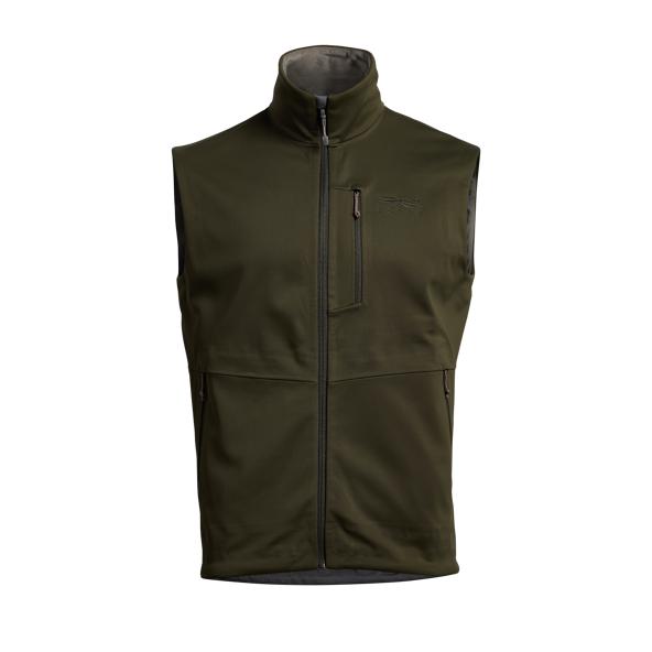 Olive green Sitka Jetstream windproof softshell vest with a full-zip front, high collar, and zippered chest pocket.