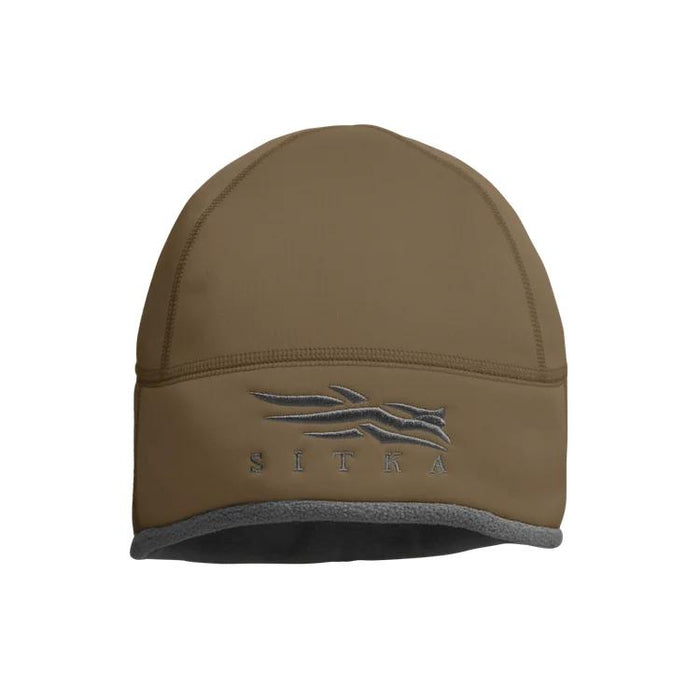 Olive green Sitka Jetstream windproof beanie with a grey embroidered logo and soft fleece interior lining.