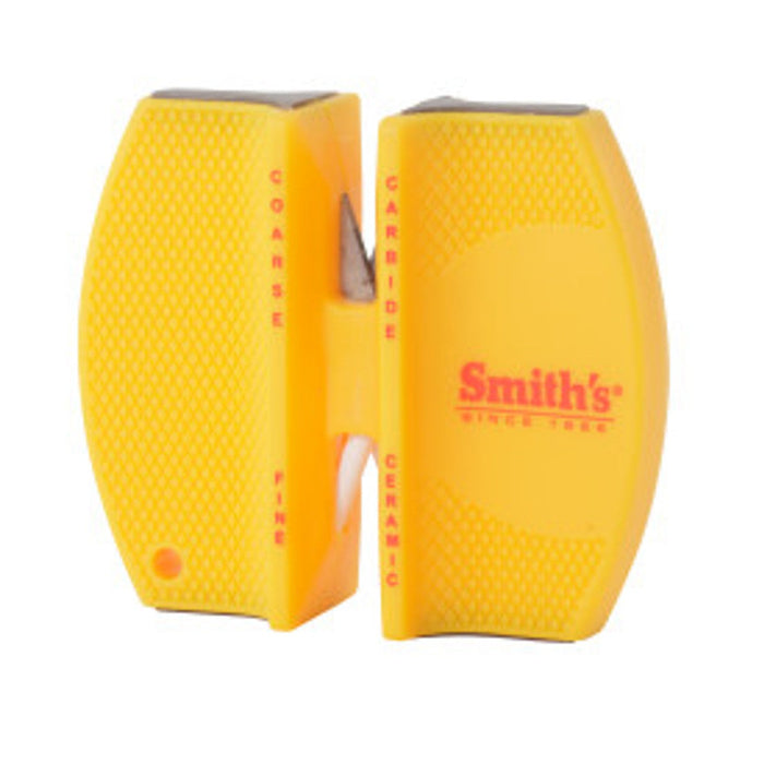 Compact yellow Smith's 2-step knife sharpener with coarse carbide and fine ceramic sharpening slots.
