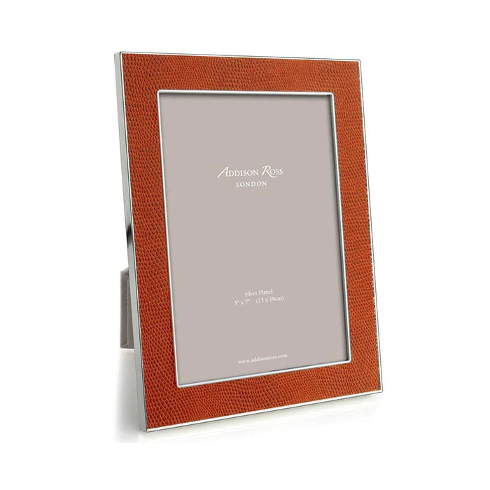 Orange faux snakeskin 5x7 photo frame with a silver-plated border and luxury grey velvet back.