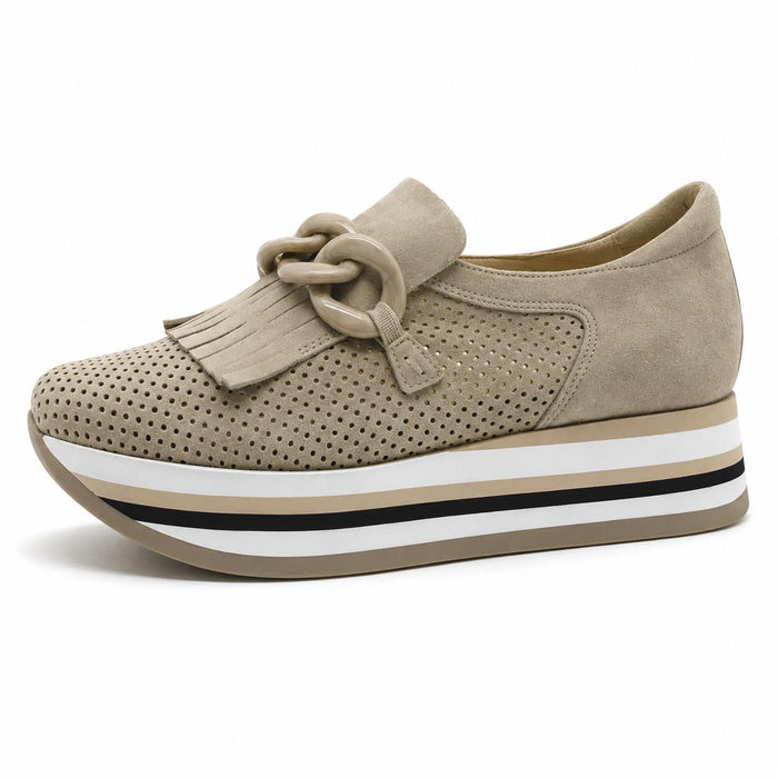 Softwaves Carly beige suede sneaker with perforated leather, fringe detail, chain accent, and striped platform sole.