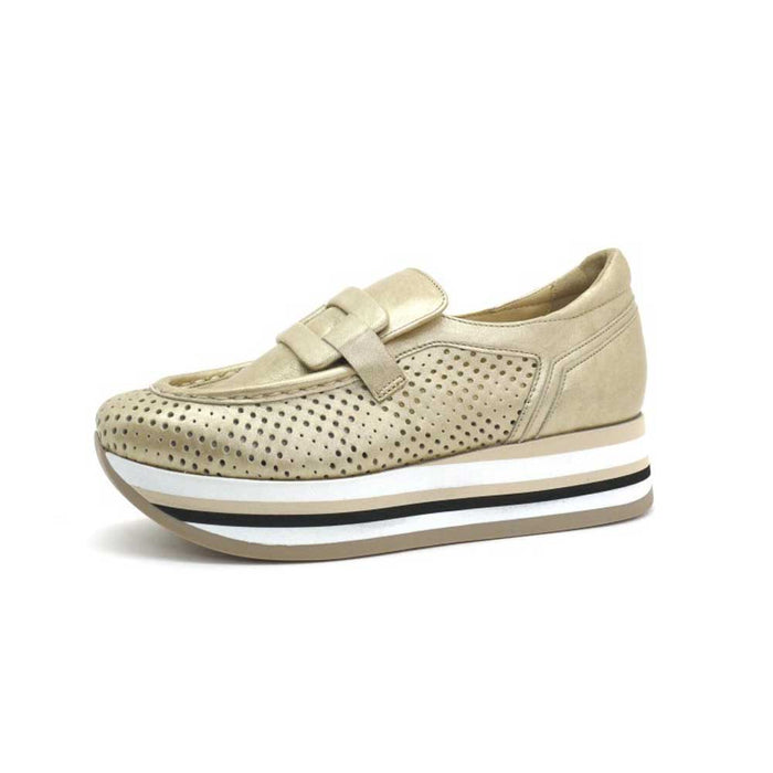 Softwaves Cher metallic gold leather sneaker with perforated detailing and a striped platform sole.