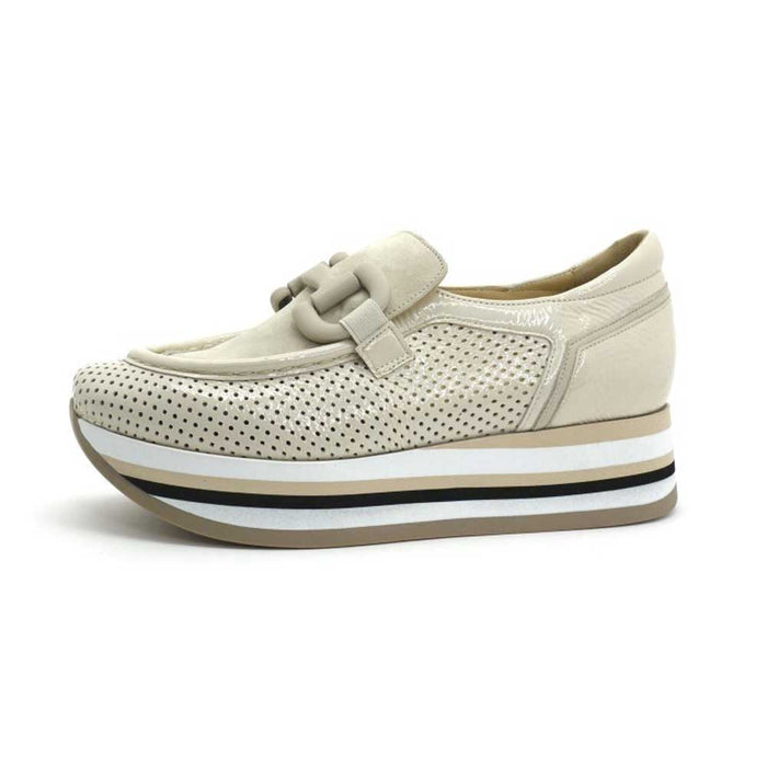 Softwaves Clarice beige leather platform sneaker with perforated detailing, decorative buckle, and striped rubber sole.