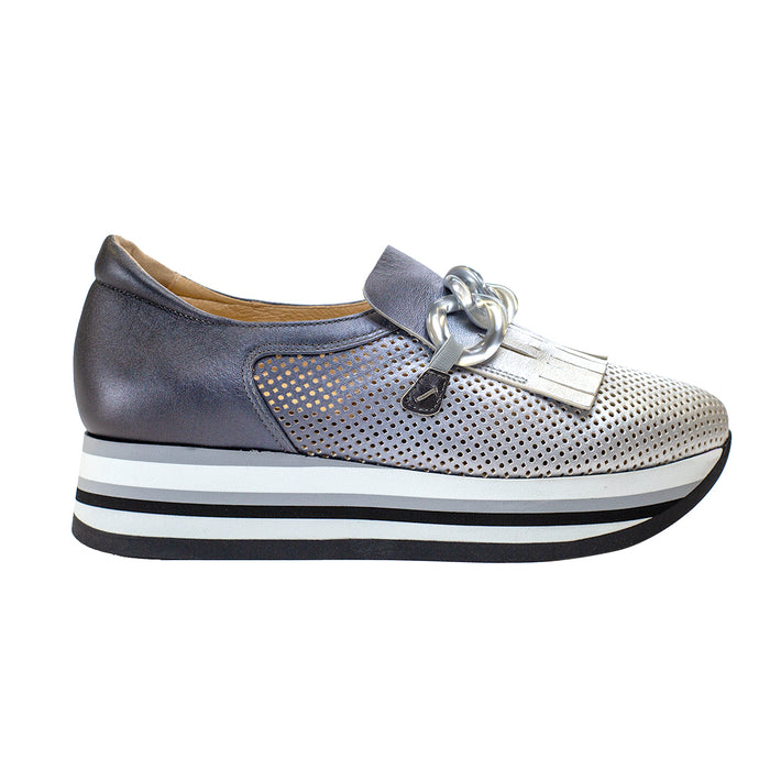 Softwaves Cynthia metallic leather sneaker with perforated detailing, fringe, chain accent, and a striped platform sole.
