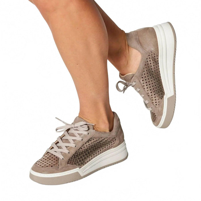 Softwaves Lua taupe leather sneakers with perforated side panels, lace-up closure, and a thick white platform sole.