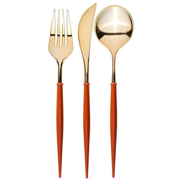 Sophistiplate Bella reusable plastic fork, knife, and spoon set with metallic gold tops and pumpkin orange handles.