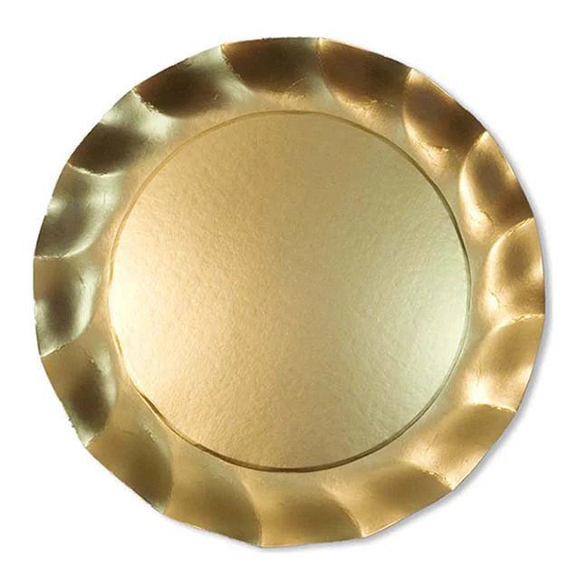 12.5-inch satin matte gold paper charger plate with a decorative wavy rim for elegant event table settings.