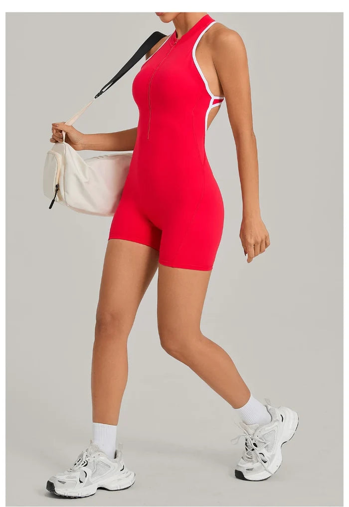 SPARK Color-Block Half Zipper Backless Yoga Short Jumpsuit TF2601