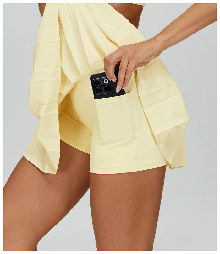 Ultimate Naked Feeling Fake Two-Piece Pleated Tennis Skirt in yellow inside