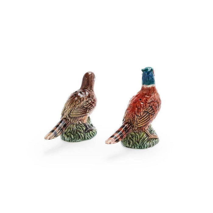 Hand-painted dolomite pheasant salt and pepper shakers in realistic brown, green, and iridescent colors on a white background.